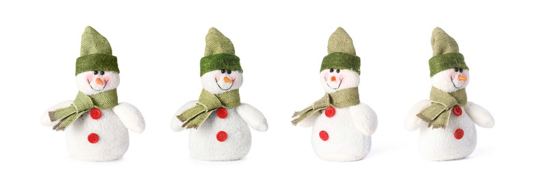 Set with cute small snowman toys on white background. Banner design