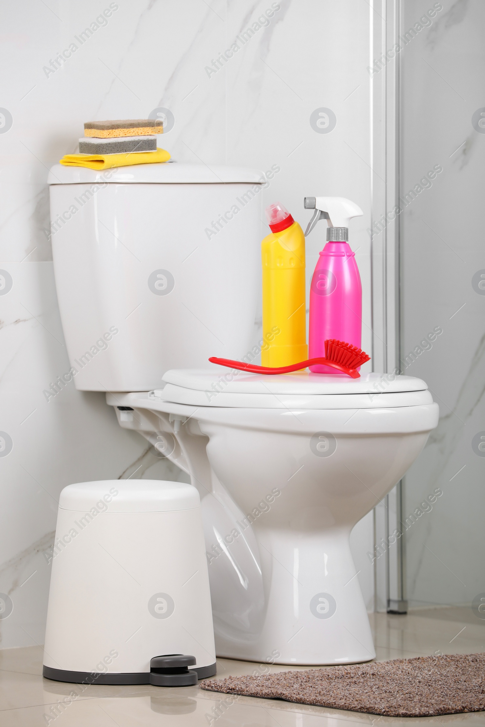 Photo of Cleaning supplies on toilet bowl in bathroom