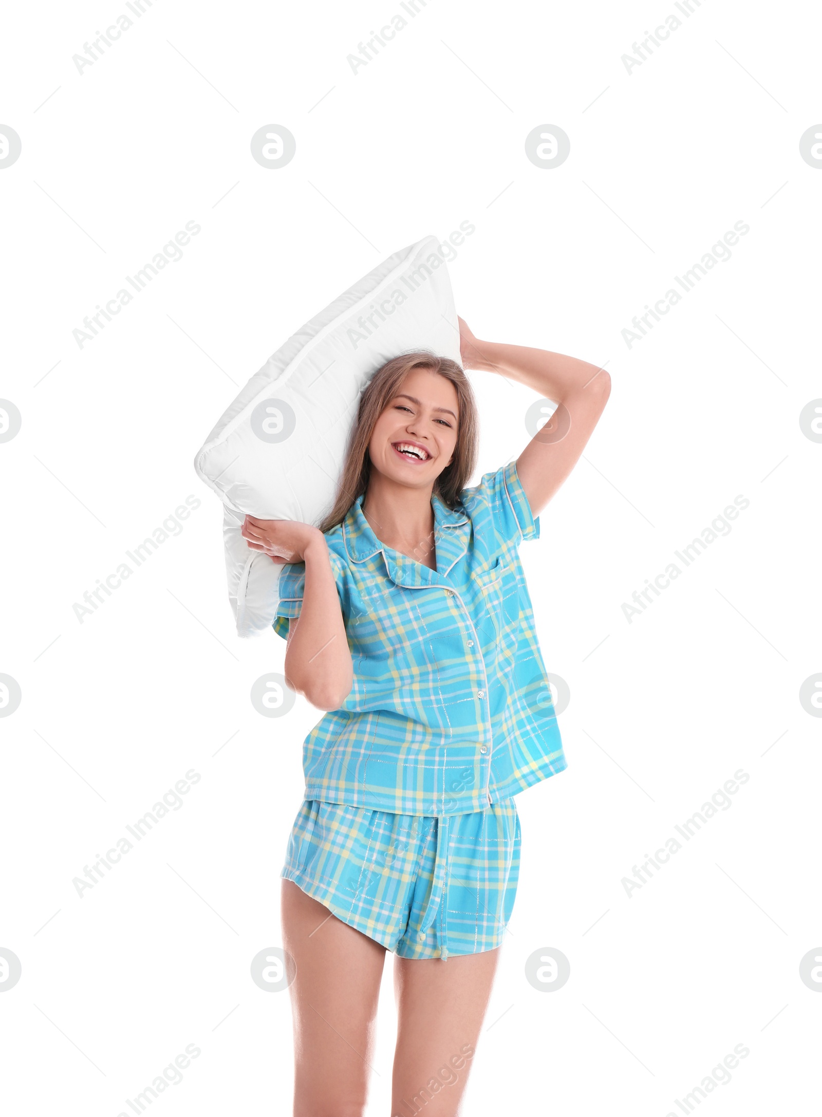 Photo of Happy woman in pajamas with pillow on white background