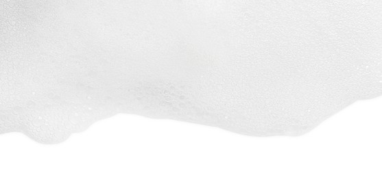 Photo of Fluffy soap foam on white background, top view