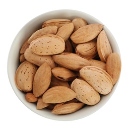 Ceramic bowl with almonds isolated on white, top view. Cooking utensil