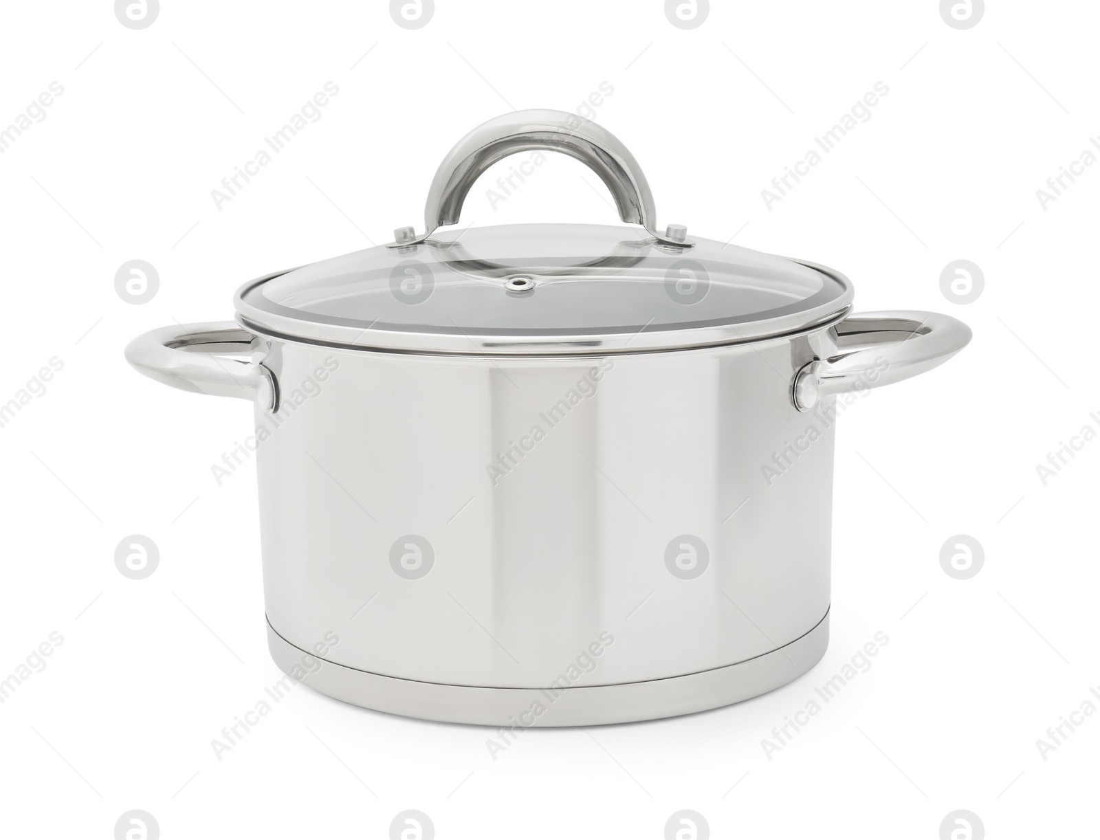 Photo of One steel pot with glass lid isolated on white