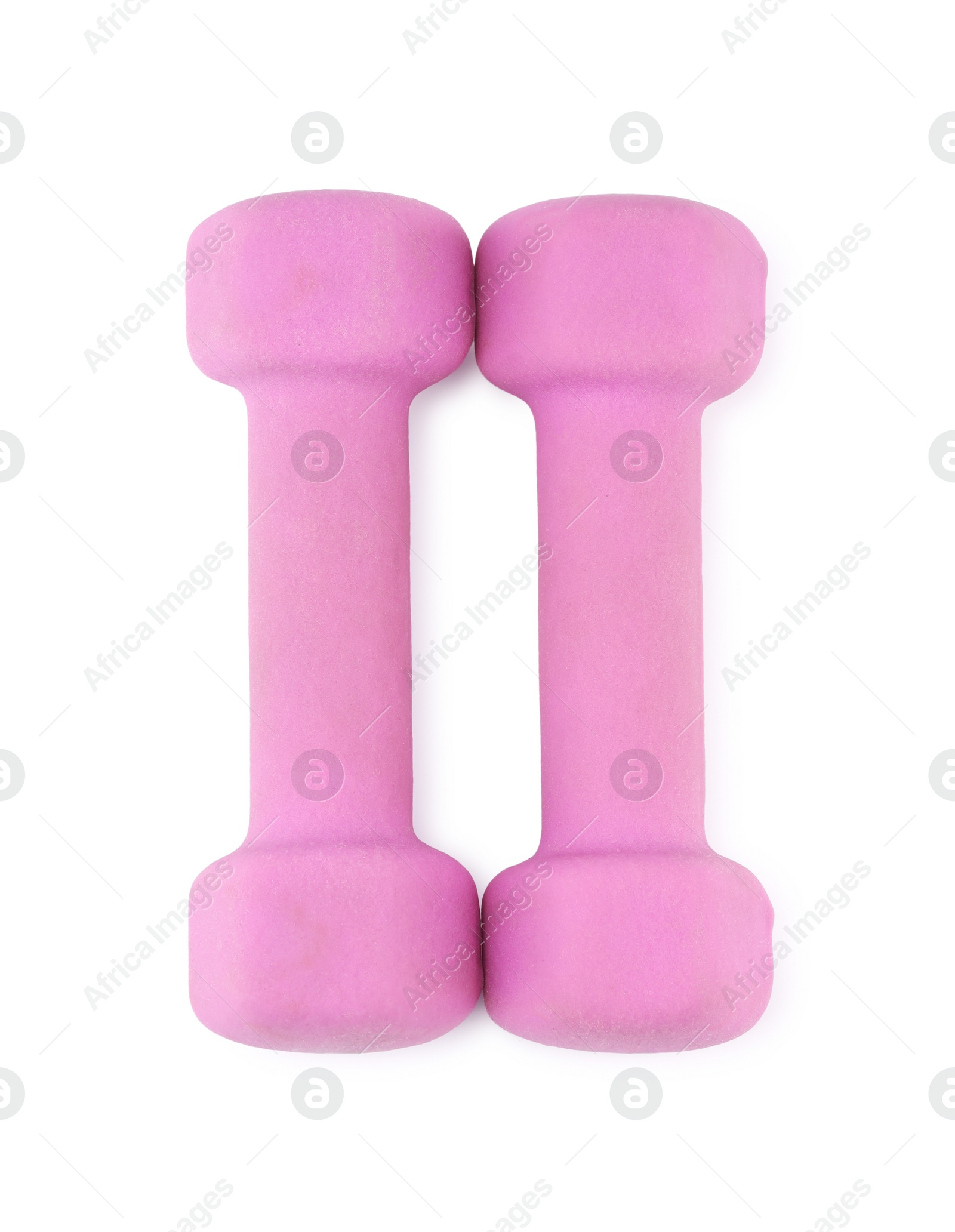 Photo of Pink dumbbells isolated on white. Sports equipment