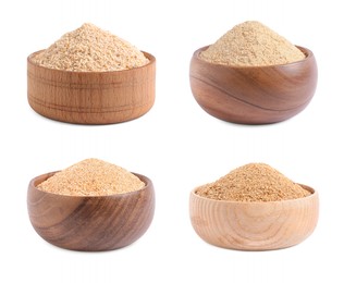 Image of Set with fresh bread crumbs on white background