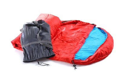 Photo of Sleeping bag on white background. Camping equipment