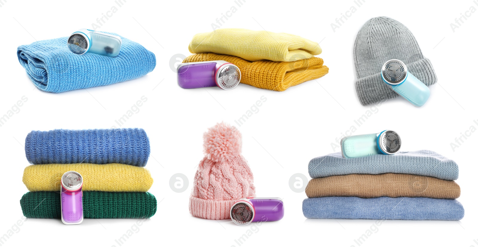 Image of Fabric shavers and woolen clothes on white background, collage. Banner design