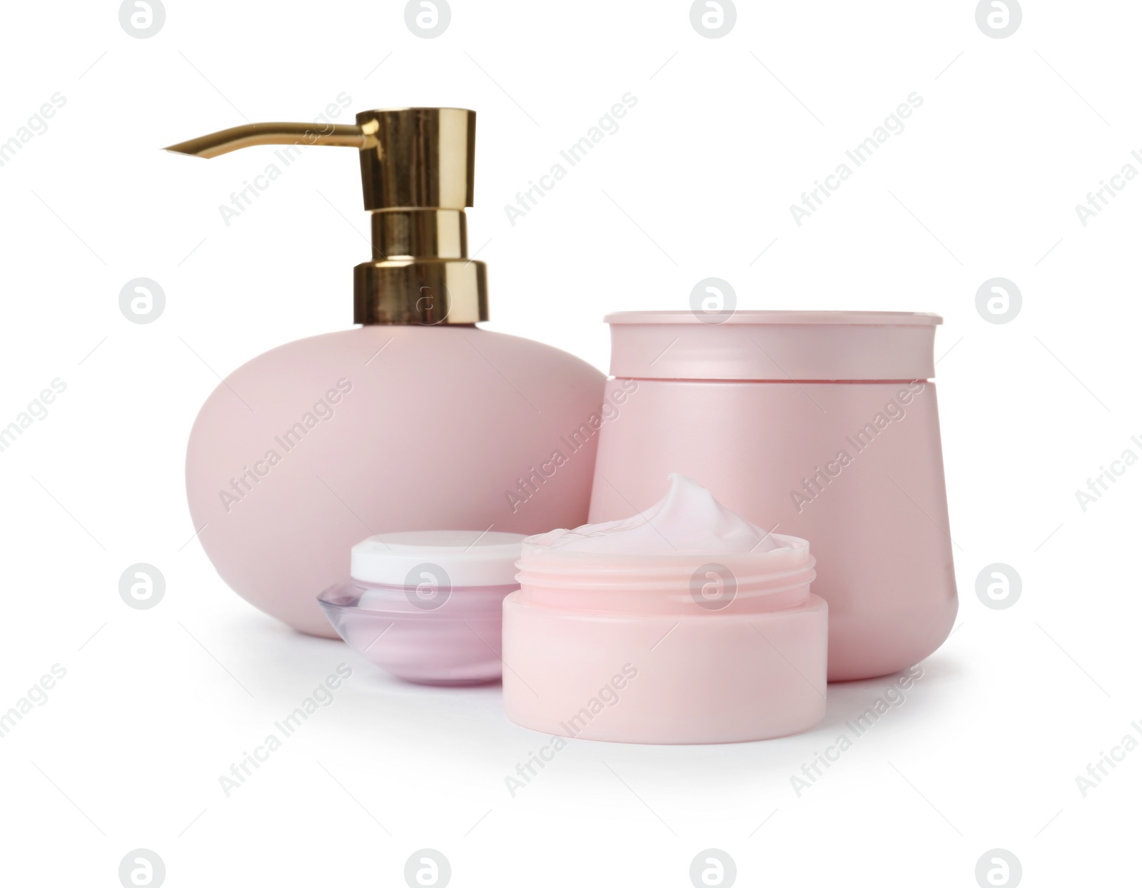 Photo of Different body care products on white background