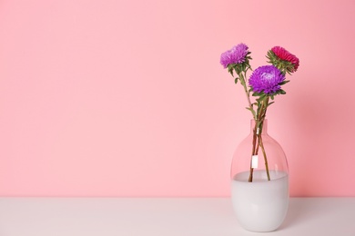 Photo of Beautiful flowers in vase and space for text on color background. Element of interior design