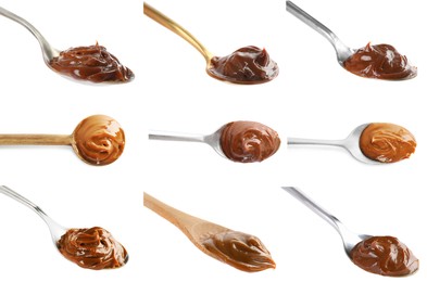 Image of Spoons with boiled condensed milk on white background, collage design