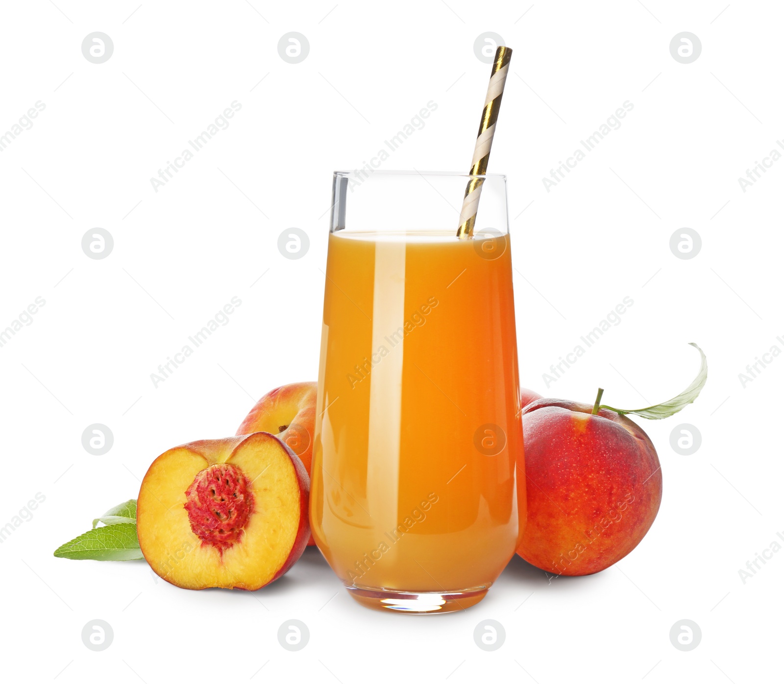 Photo of Freshly made tasty peach juice on white background