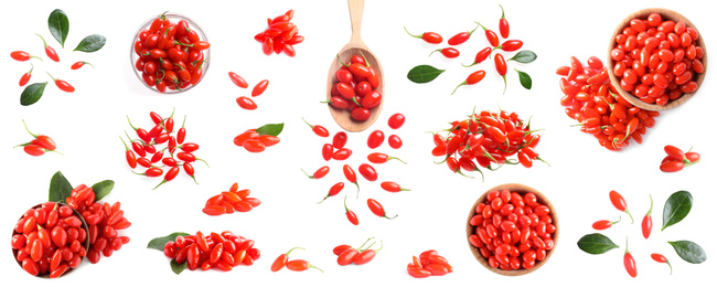 Image of Set of fresh goji berries on white background, top view. Banner design