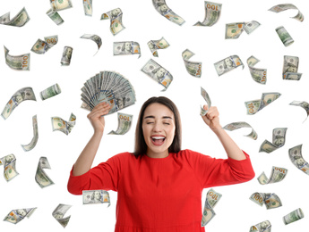Image of Happy young woman with dollars under money rain on white background