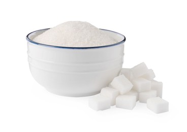 Photo of Granulated and cubed sugar with bowl on white background