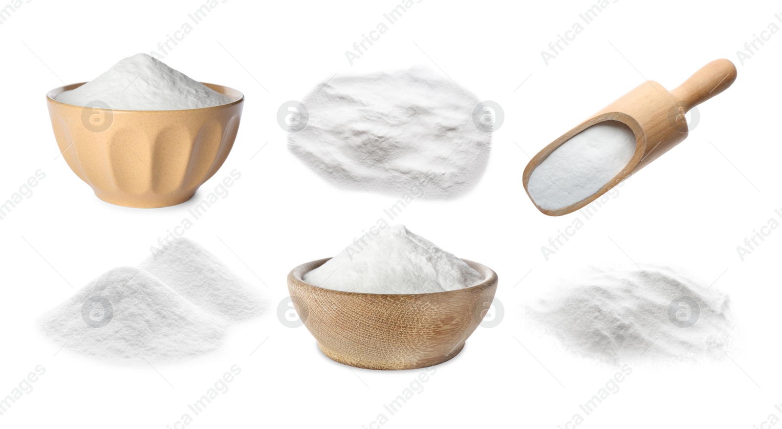 Image of Set with baking soda on white background 