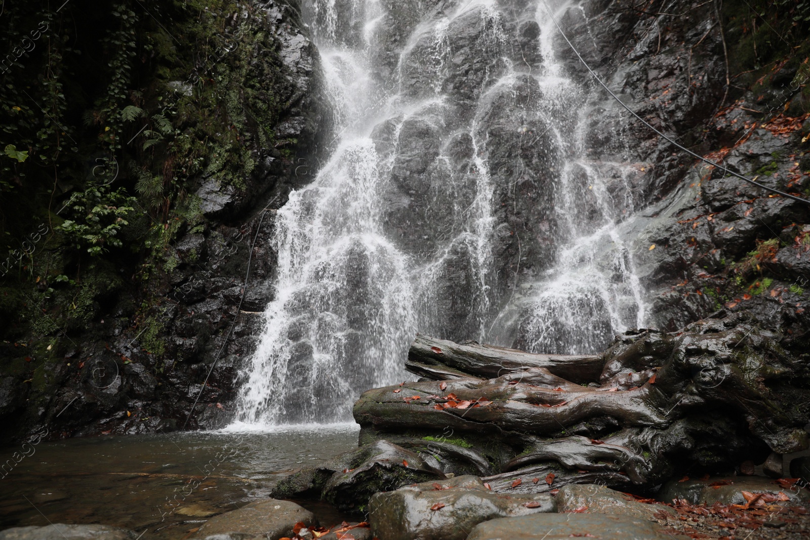 Photo of Picturesque view of beautiful mountain waterfall and rocks outdoors