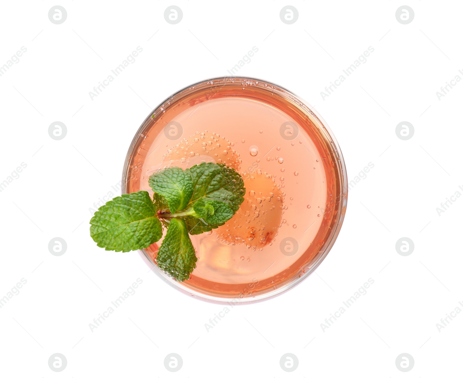 Photo of Lychee cocktail isolated on white, top view. Exotic drink