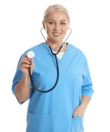 Photo of Portrait of mature doctor with stethoscope on white background