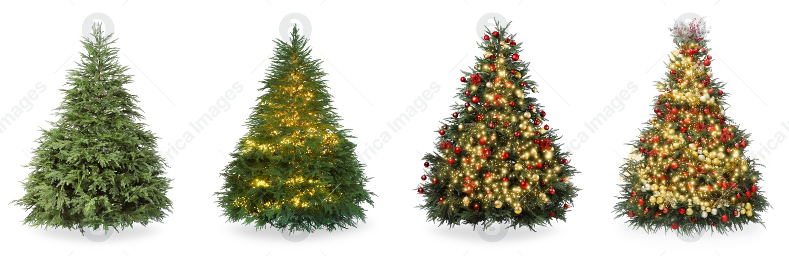 Image of Christmas tree isolated on white, step-by-step decorating