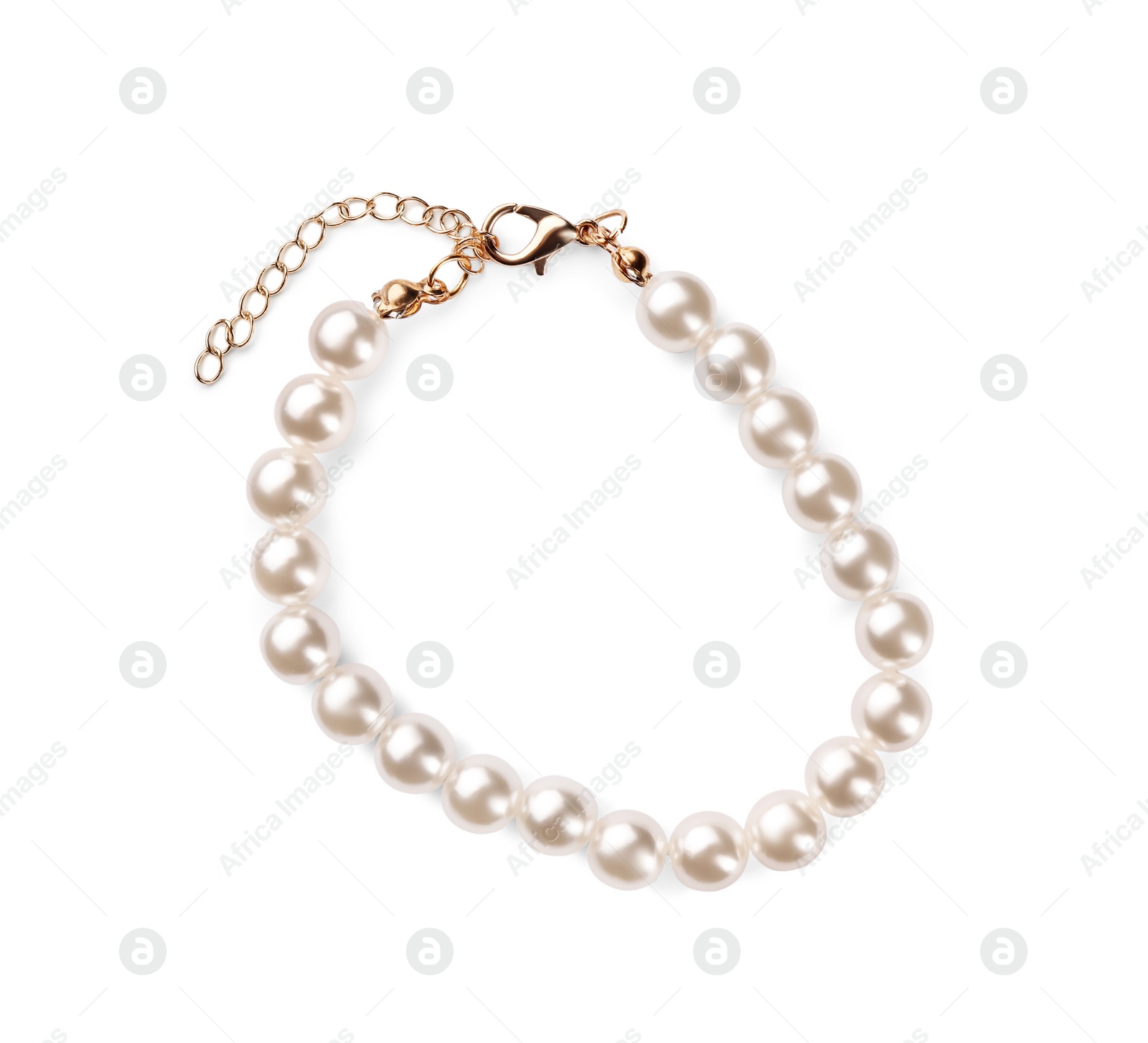 Photo of Elegant pearl bracelet isolated on white, top view