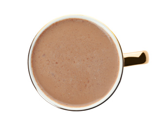 Photo of Delicious cocoa drink in cup on white background, top view