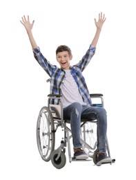 Photo of Emotional teen boy in wheelchair on white background