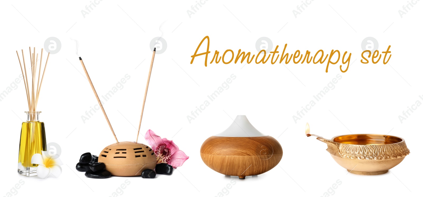 Image of Incense sticks and other items for aromatherapy on white background, collage. Banner design
