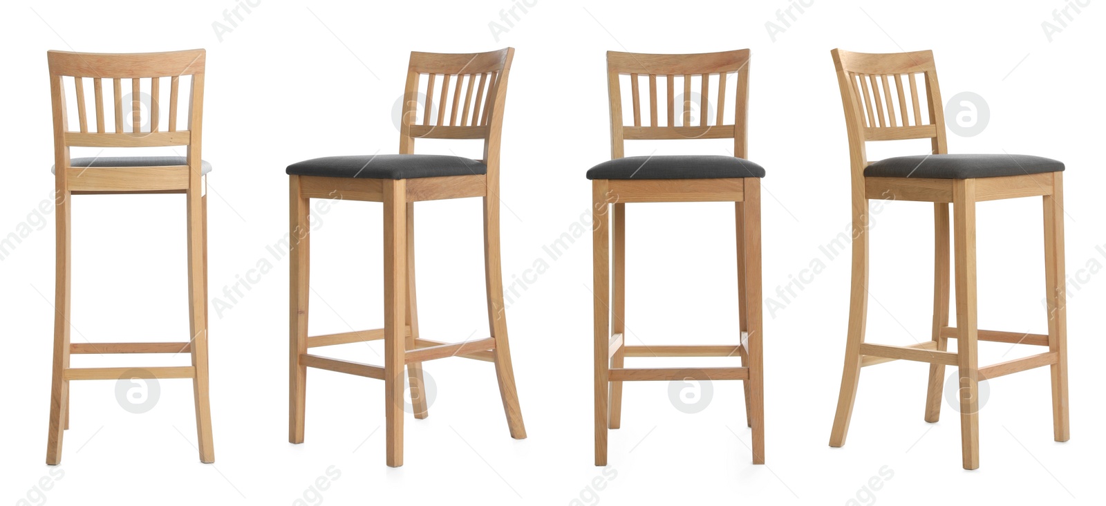 Image of Set with stylish bar stools on white background. Banner design