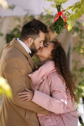 Photo of Happy couple kissing under mistletoe bunch outdoors