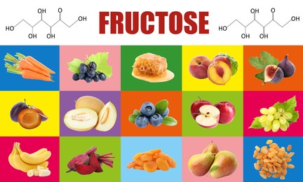 Collage with photos of different products containing fructose 