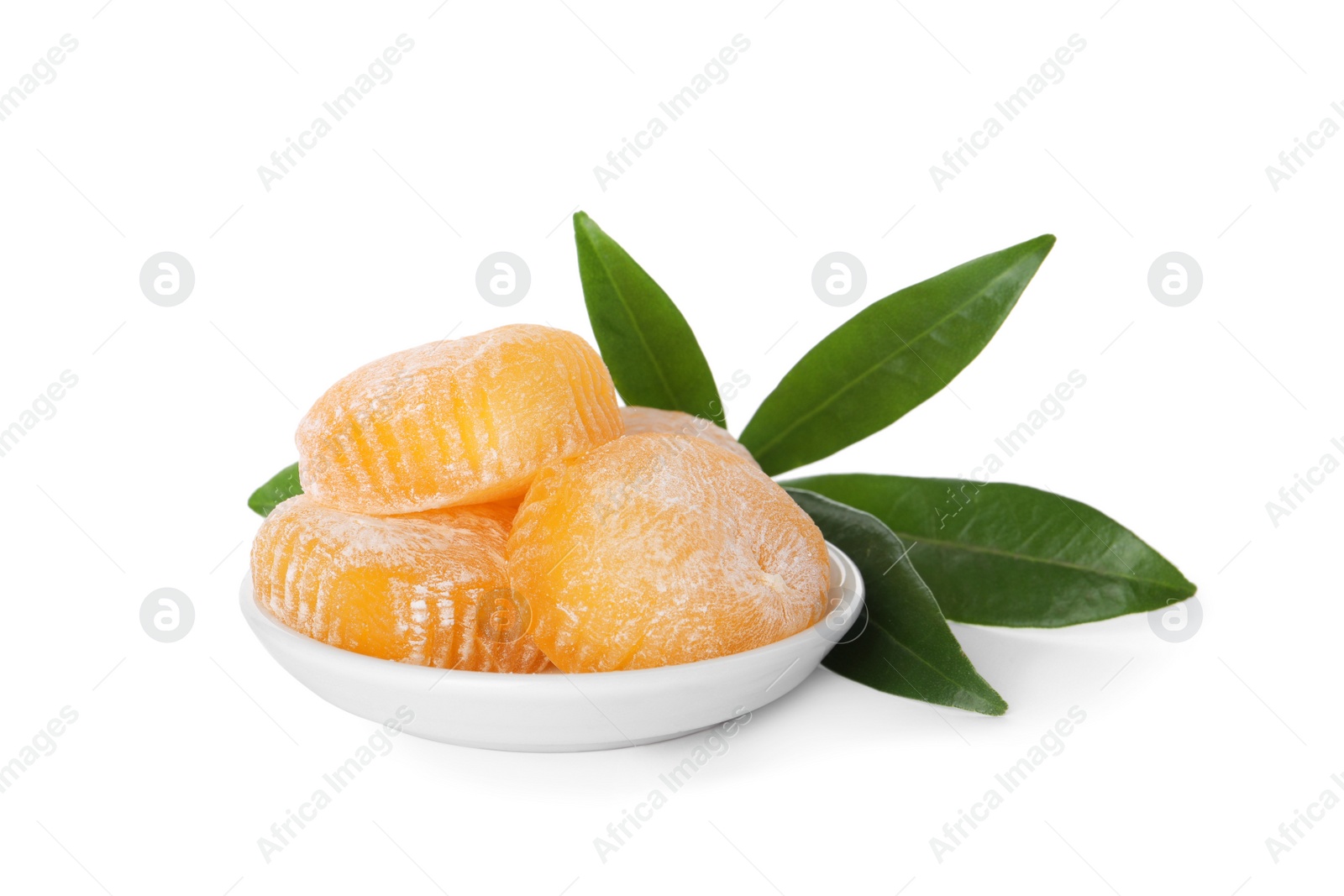 Photo of Plate with delicious mochi and green leaves on white background. Traditional Japanese dessert