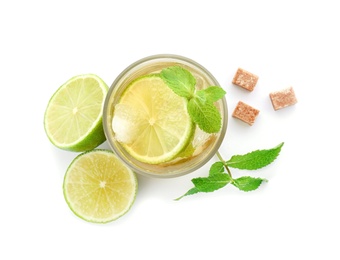 Glass of delicious mint julep cocktail on white background, top view