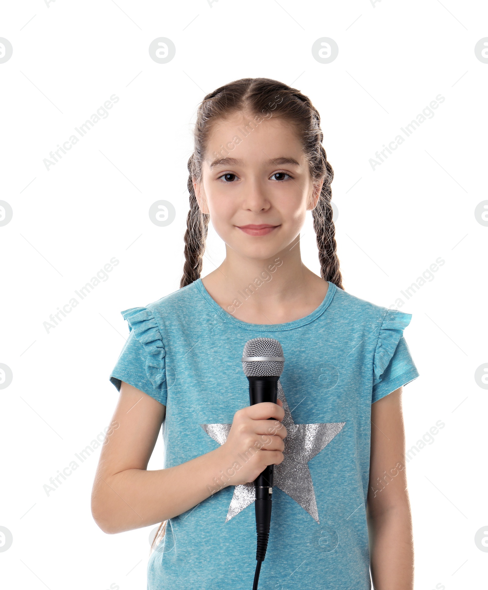 Photo of Cute girl with microphone on white background