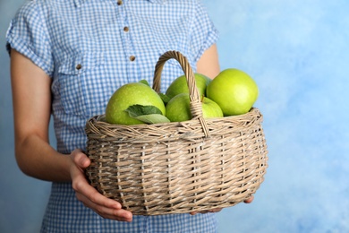 Photo of Woman holding wicker basket with ripe juicy green apples on color background