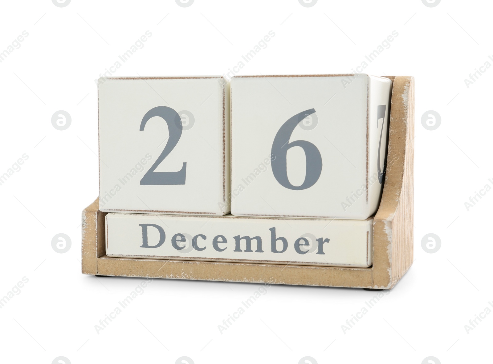 Photo of Wooden block calendar with date 26th of December on white background. Boxing day
