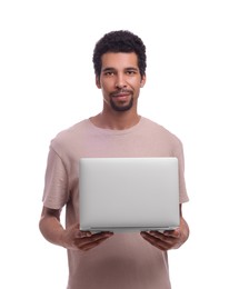 Photo of Handsome man with laptop on white background