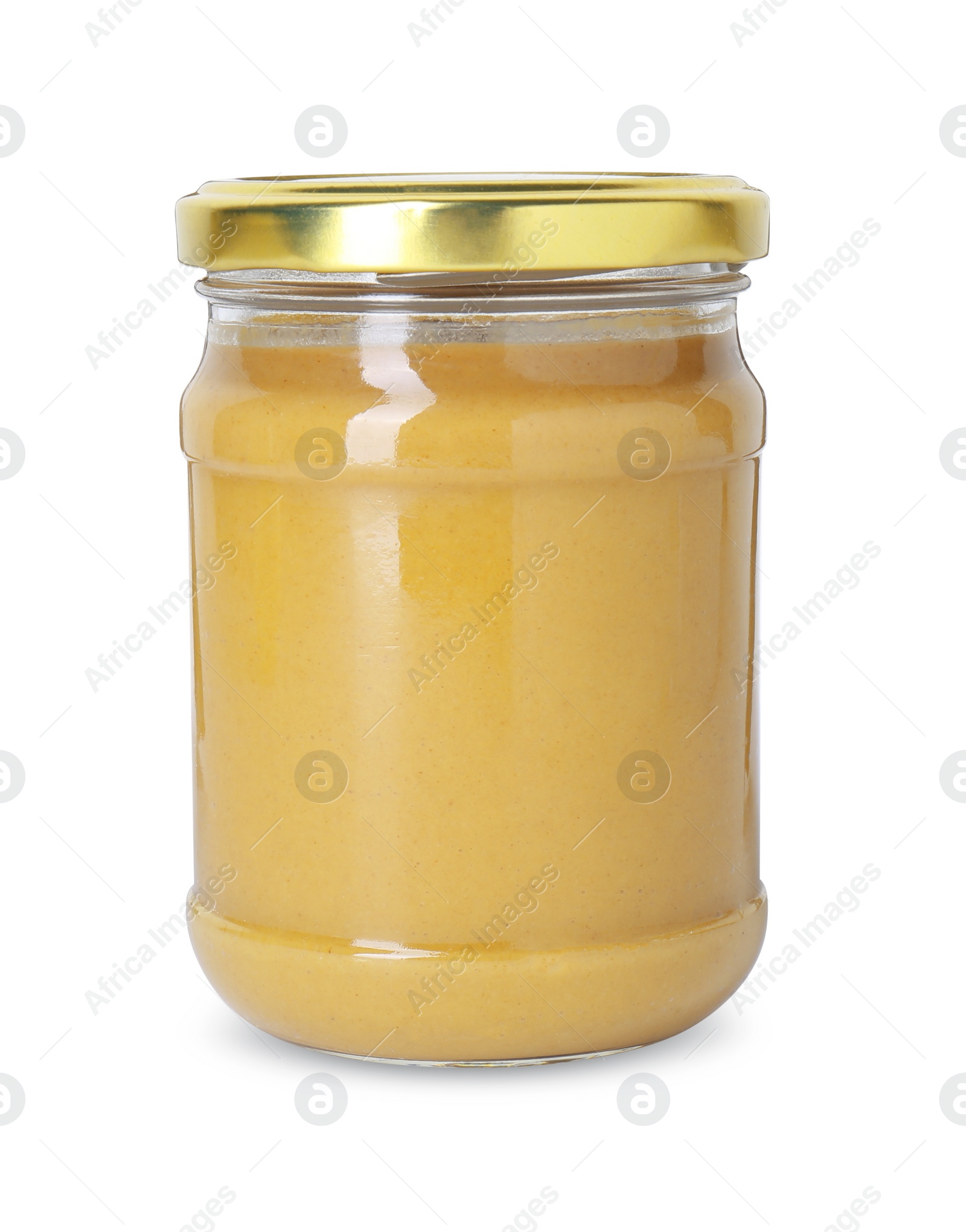 Photo of Fresh tasty mustard sauce in glass jar isolated on white