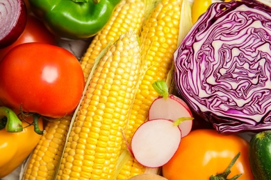 Photo of Assortment of fresh colorful vegetables, closeup. Healthy food