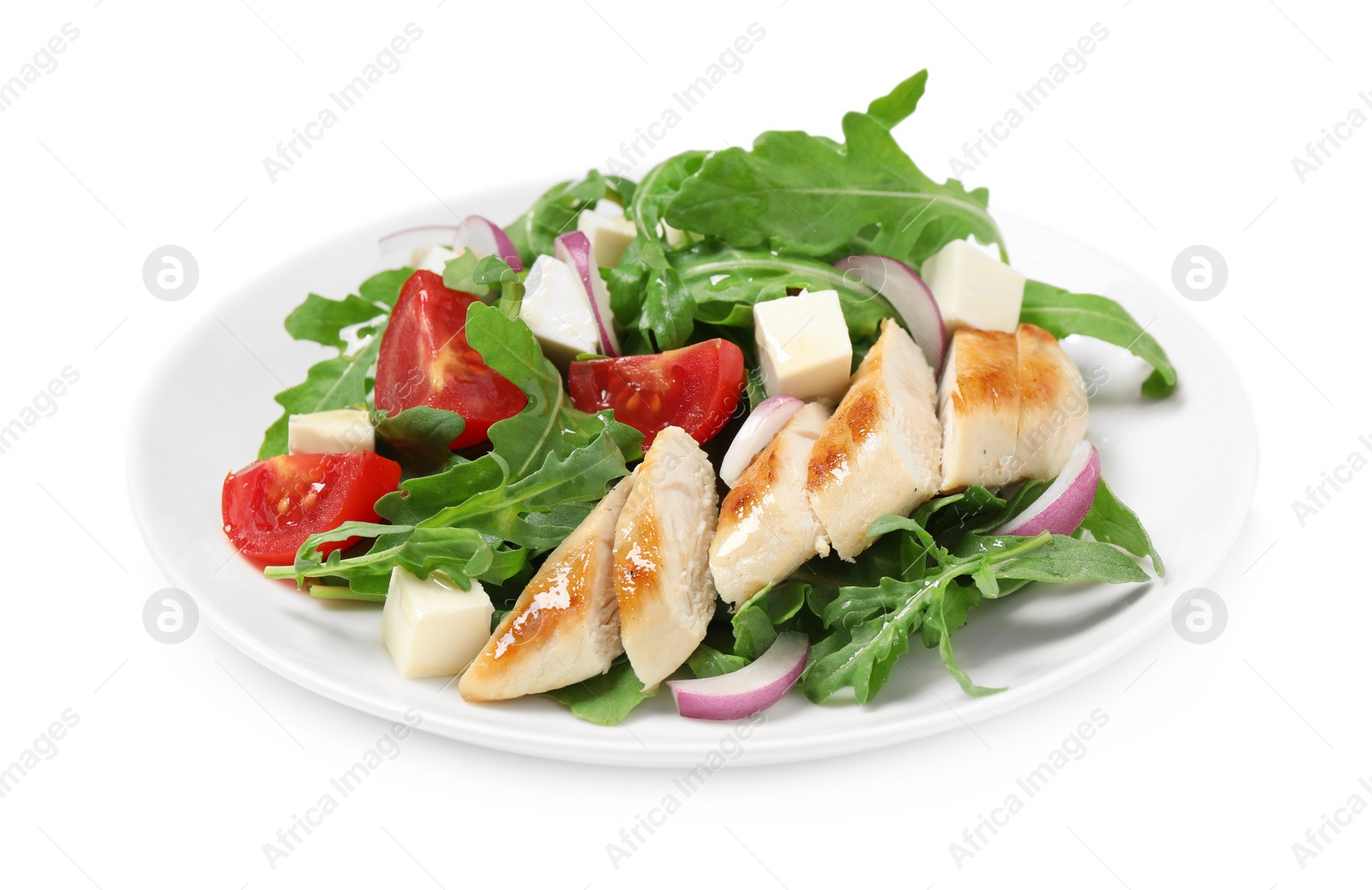 Photo of Delicious salad with meat, arugula and vegetables isolated on white