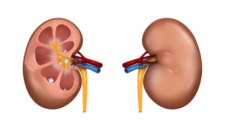 Illustration of  human kidneys with stones on white background