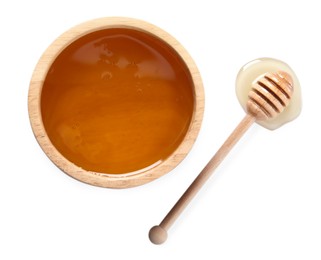 Photo of Tasty honey in bowl and dipper isolated on white, top view