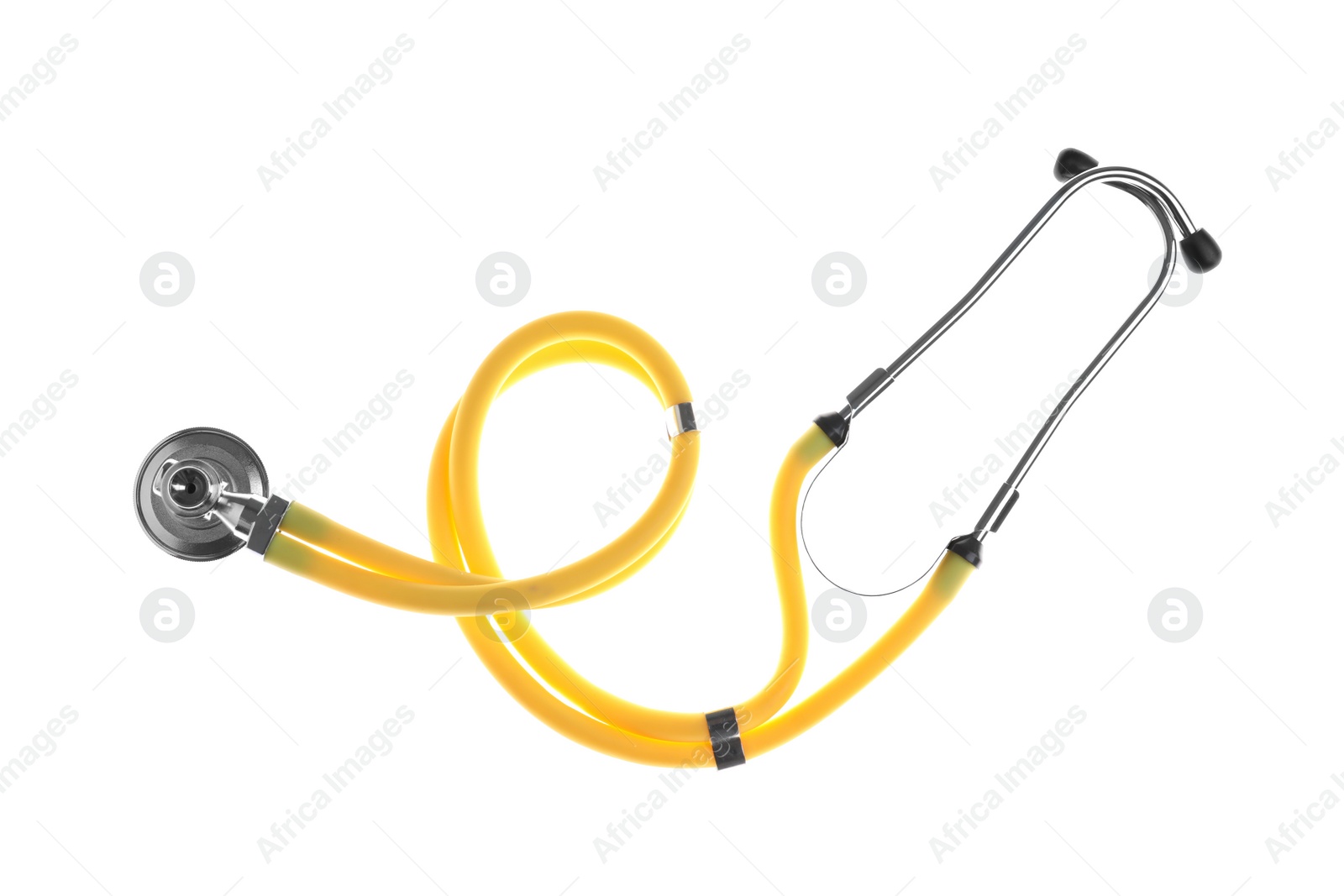 Photo of Stethoscope on white background, top view. Medical device