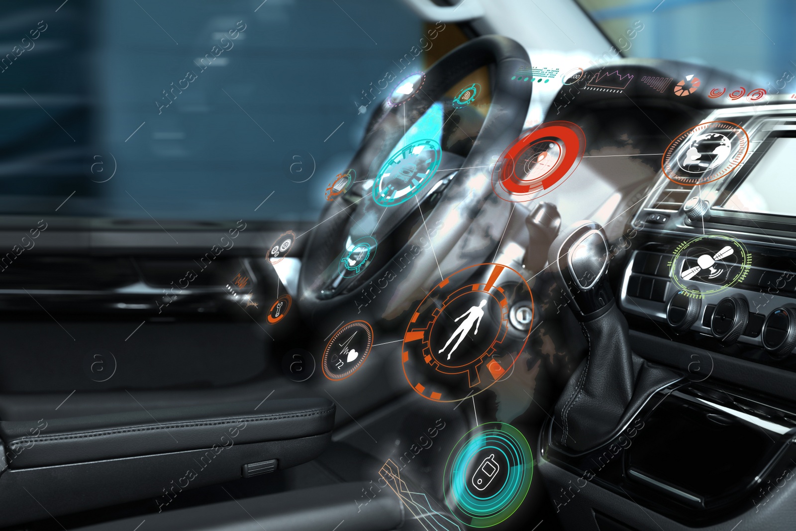 Image of Futuristic technology. Car interior with graphical user interface