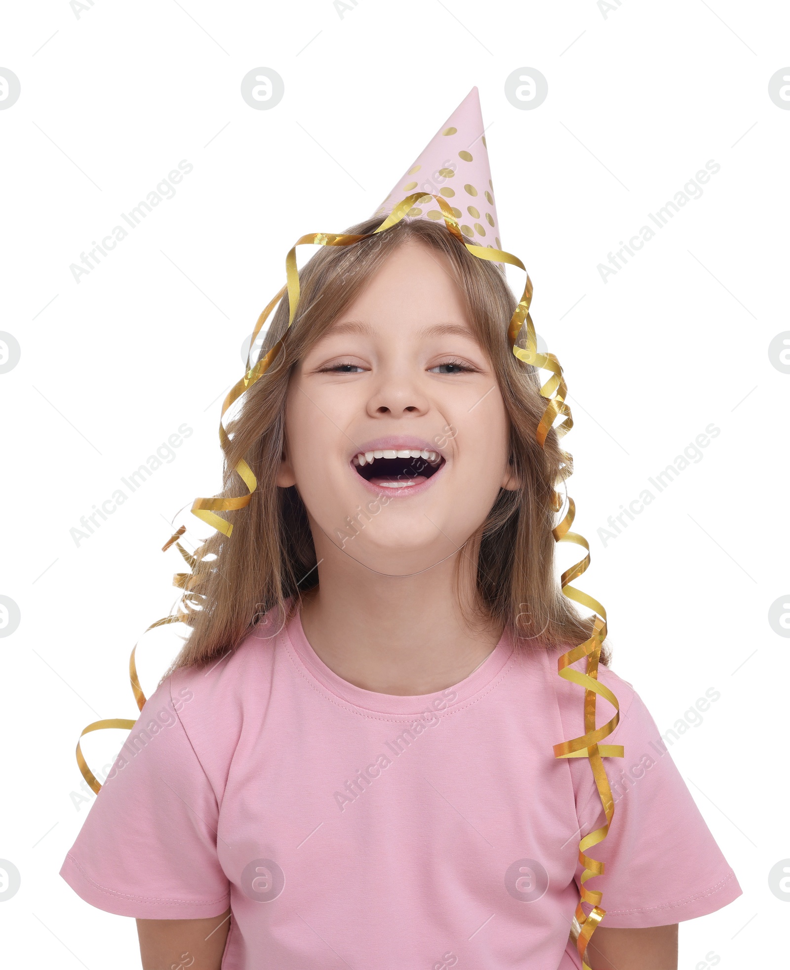 Photo of Cute little girl in party hat on white background