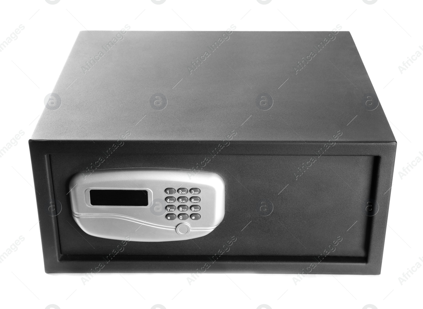 Photo of Closed black steel safe isolated on white