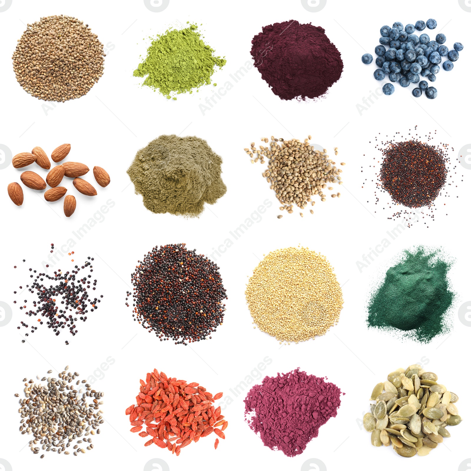 Image of Set of different superfoods on white background, top view