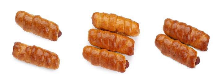 Image of Collage of tasty sausages in dough on white background, top view