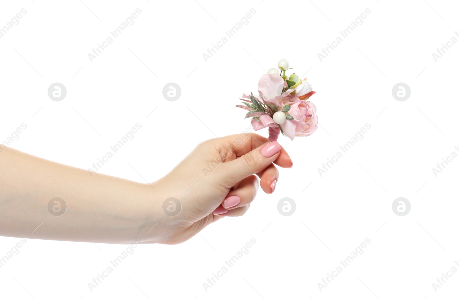 Photo of Woman holding stylish boutonniere on white background, closeup