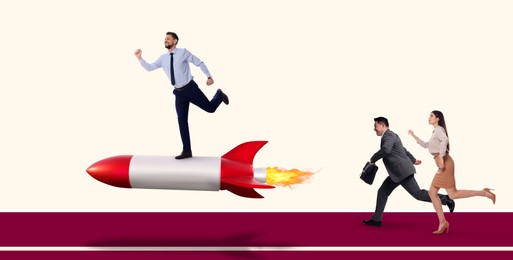 Image of Competition in business. Man pulling ahead by using rocket while others running. Illustration of spaceship