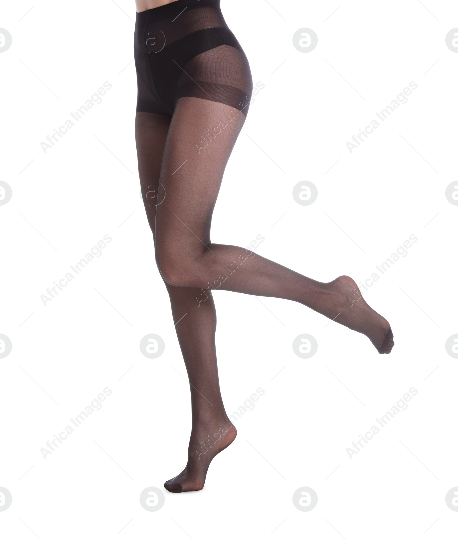 Photo of Woman wearing black tights isolated on white, closeup of legs