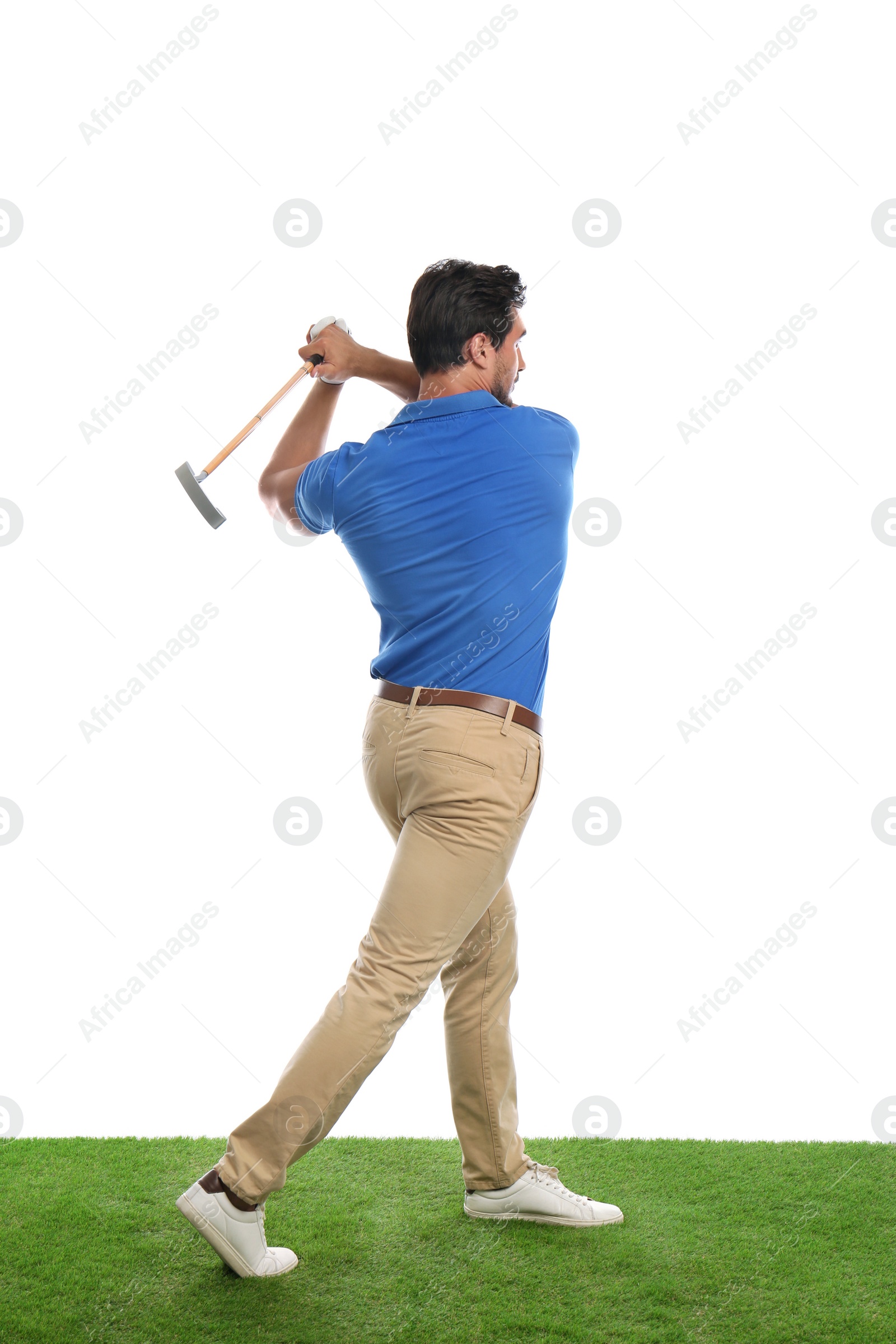 Photo of Young man playing golf on white background